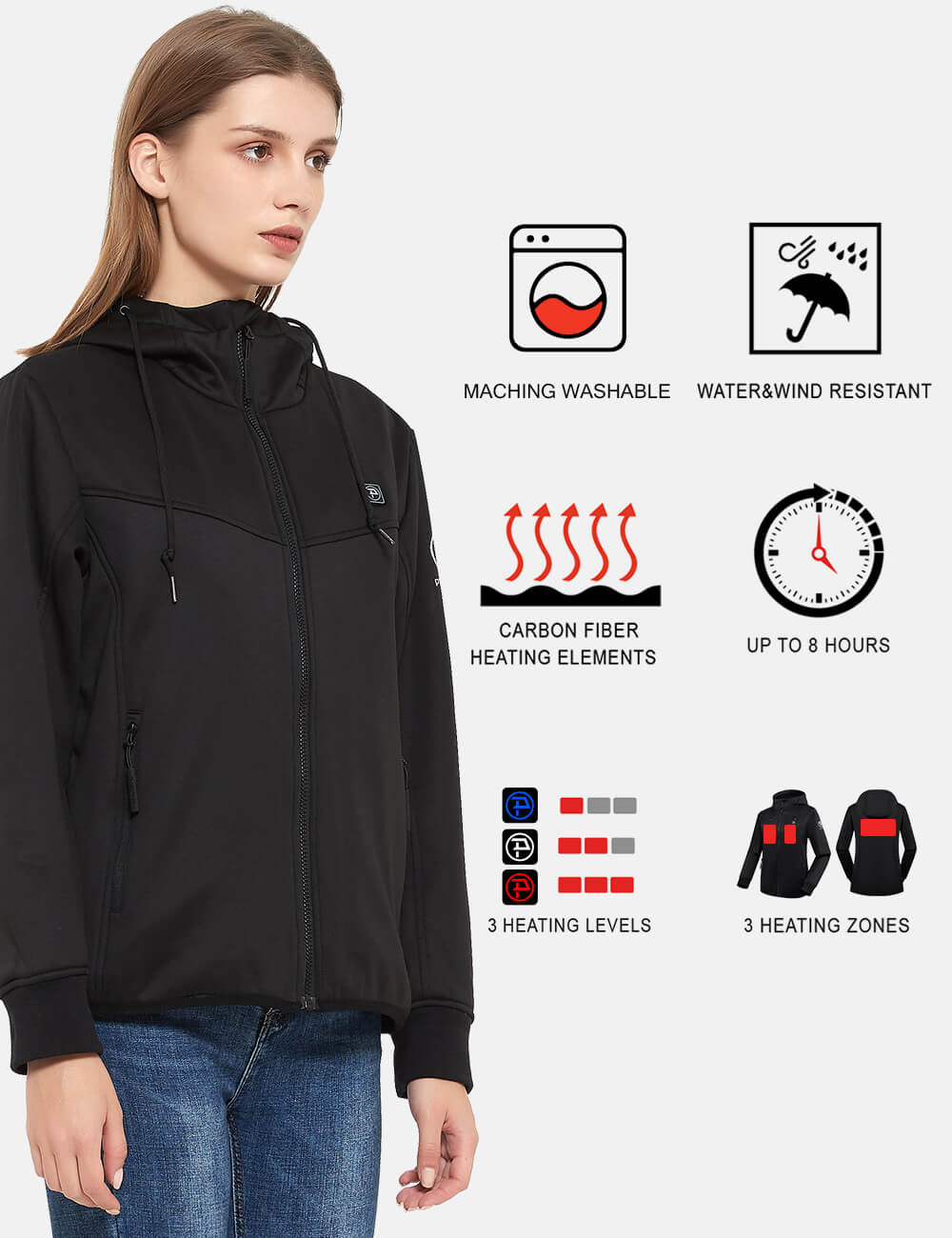 Womens 3 Zone Water-Resistant Heated Hoodie with Battery Kit-Black-3