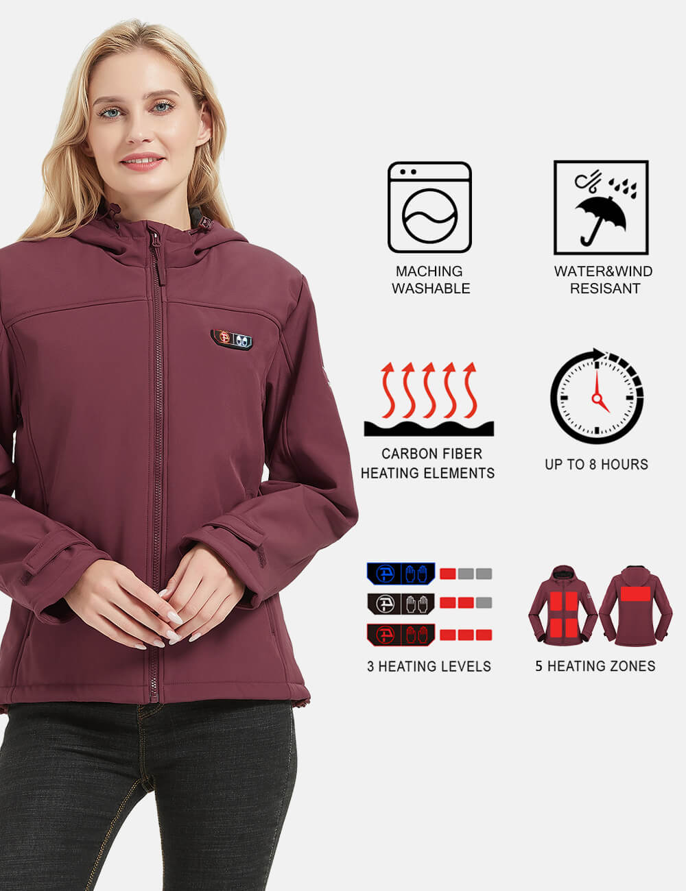 Ptahdus Womens 5 Zone Heated Jacket with Battery Kit - Amaranth